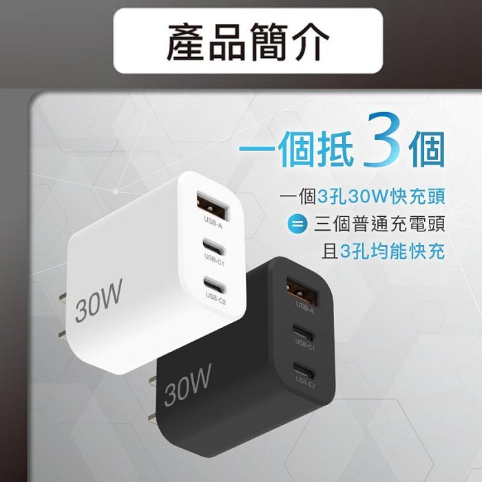 【珍愛頌】寶利威爾 30W三孔PD快充頭 雙USB-C+USB-A充電器 GaN氮化鎵 BSMI認證 POLYWELL