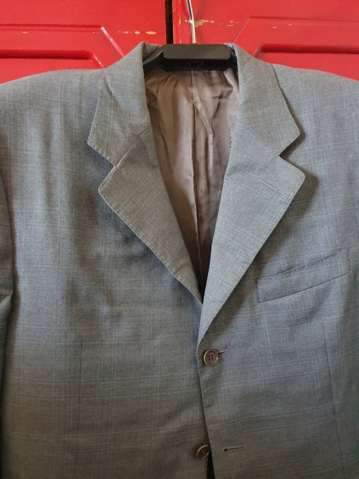 【LANVIN】義大利製~淺灰色格紋羊毛(100%)西裝外套 50號