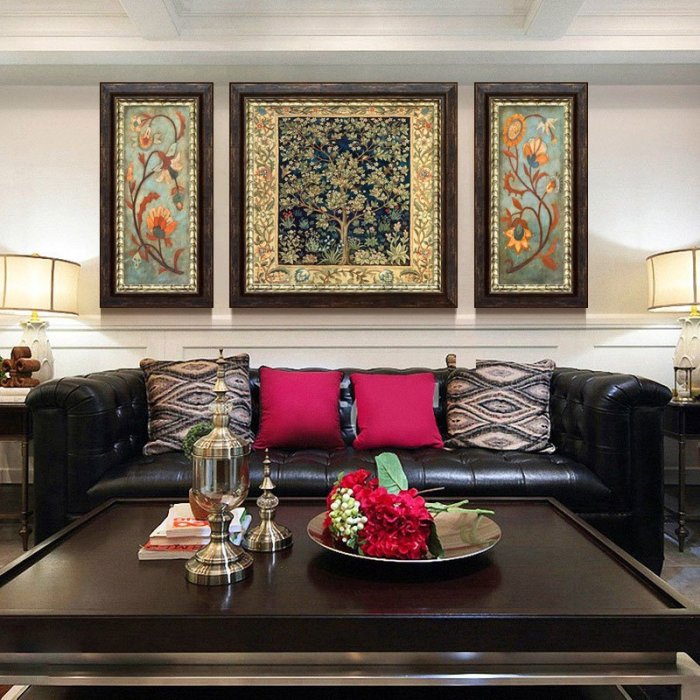 【熱賣精選】手繪油畫美式客廳裝飾畫新中式沙發背景墻掛畫沙發后面的三聯壁畫