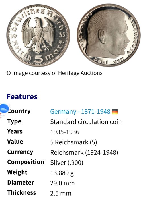 德國   1935年 D(慕尼黑廠)  納粹德國    5馬克    興登堡    銀幣(90%銀)    1851