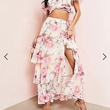 (嫻嫻屋) 英國ASOS-花卉印花高腰荷葉摺邊長裙ED23