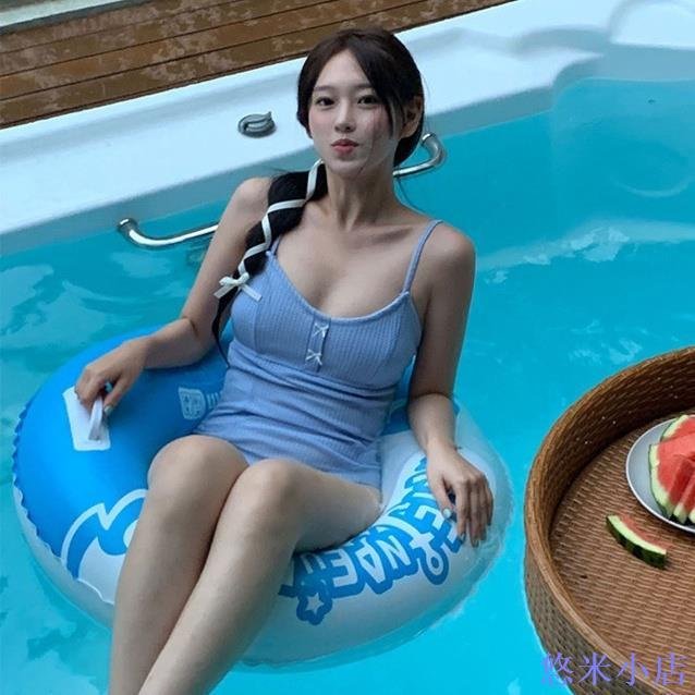 悠米小店清新可愛掛脖泳衣女韓版簡約素色泳衣