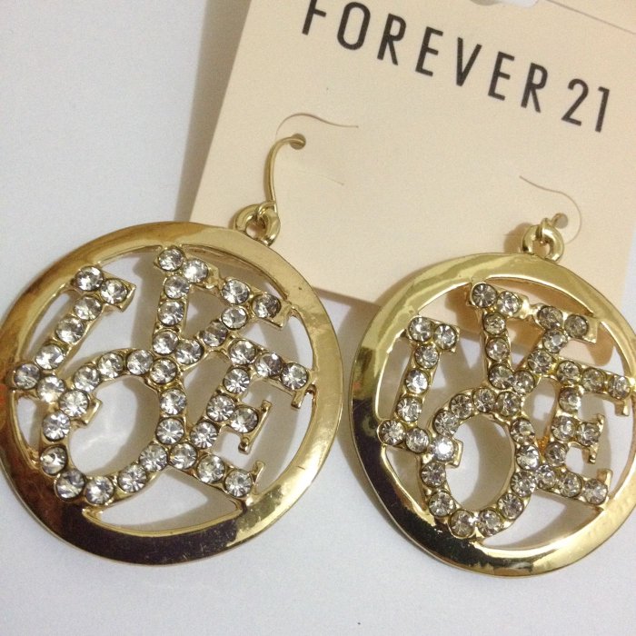 歐美Forever21 Forever 21 F21水鑽鑲嵌LOVE耳勾式垂墜耳環