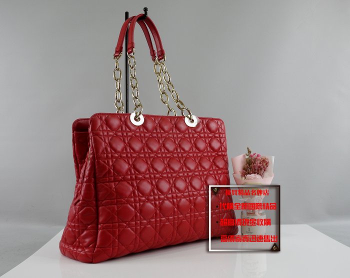 優買二手精品名牌店 Dior M0958 LADY BOOKTOTE 桃紅羊皮 金釦 黛妃 肩背包 購物包 托特包 激新