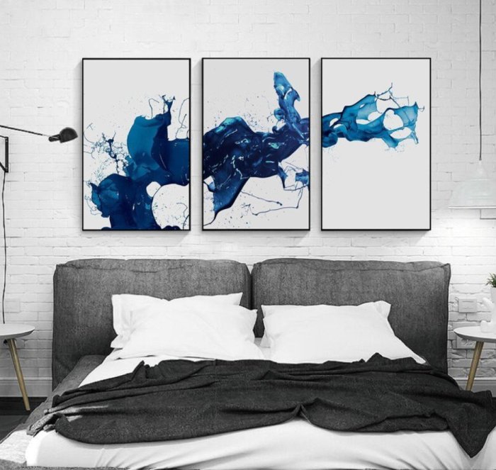 C - R - A - Z - Y - T - O - W - N　藍色抽象潑墨掛畫現代新中式客廳裝飾畫抽象三聯抽象掛畫