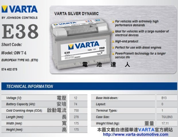 電池達人 華達VARTA 電瓶 E38 FOCUS GOLF TOURAN T4 AUDI A3 A2 A4 CORSA