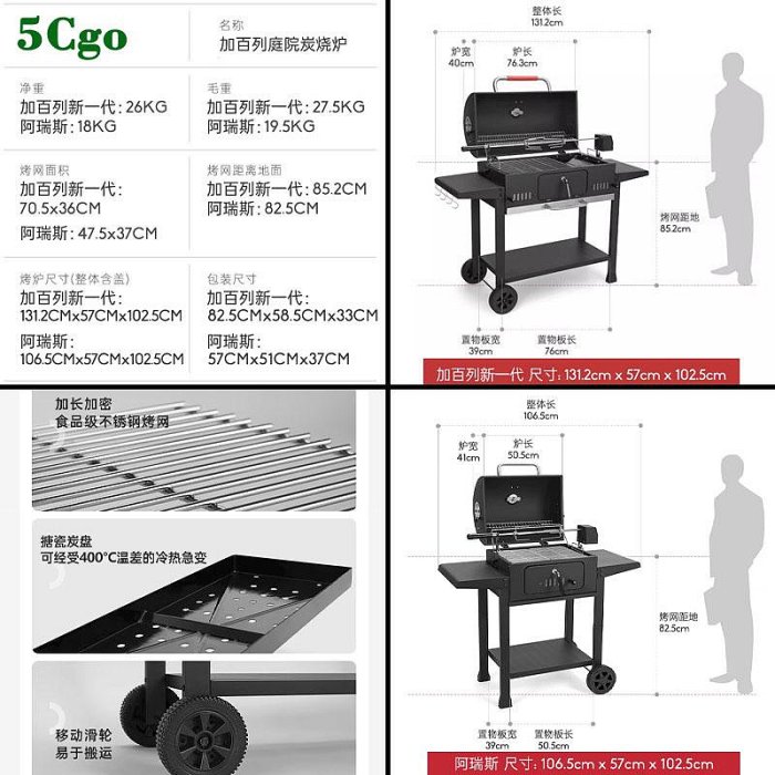 5Cgo.【宅神】BBQ燒烤爐戶外木炭烤肉爐大容量家用手推車碳烤爐美式燒烤爐子別墅庭院燒烤架t625363360821