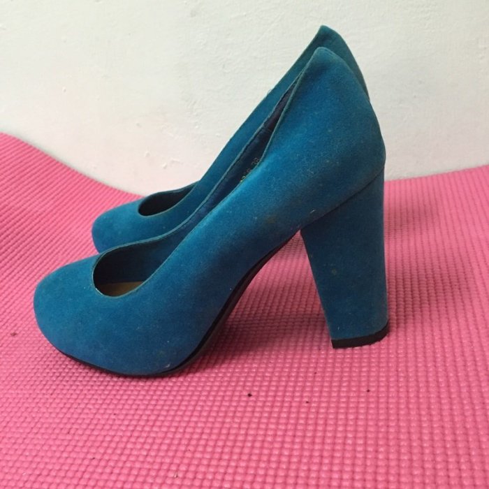 二手 Air Space 麂皮青藍色高跟鞋 粗跟鞋 heels
