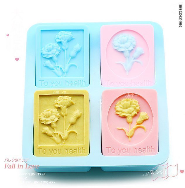 心動小羊^^耐高溫美麗康乃馨4孔皂模矽膠手工皂模香皂模具蛋糕、蠟燭、香磚