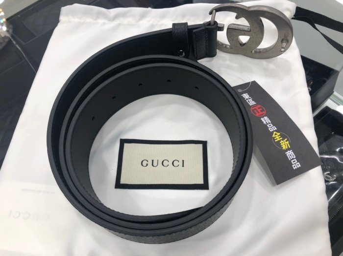 ㊣東區正精品㊣GUCCI 406831 全新復古銀頭雙G logo 黑色牛皮全皮皮帶 95CM RZ0285