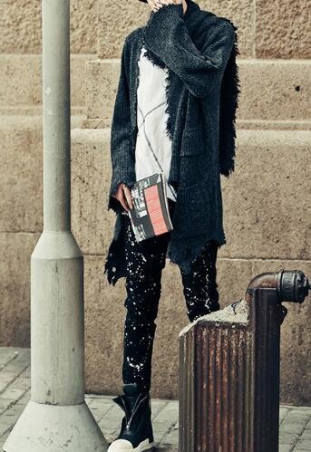 FINDSENSE Z1 韓國 時尚 潮 男 寬鬆 無扣 破洞 圍巾搭配 毛衣 針織襯衫 外套