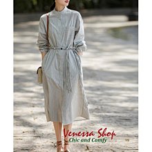 歐美 新款 精緻高端 大氣條紋棉質洋裝 手工編織腰帶 寬鬆直筒小立領襯衫式連身裙 大碼 (Y1528)