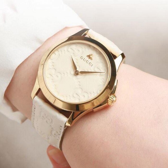 GUCCI G-Timeless 立體皮紋米白色錶盤 白色皮革錶帶 石英 女士手錶 YA1264033