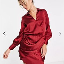 (嫻嫻屋) 英國ASOS-River Island紅色鍛面襯衫領長袖鬆緊腰垂墜裙洋裝禮服AC24
