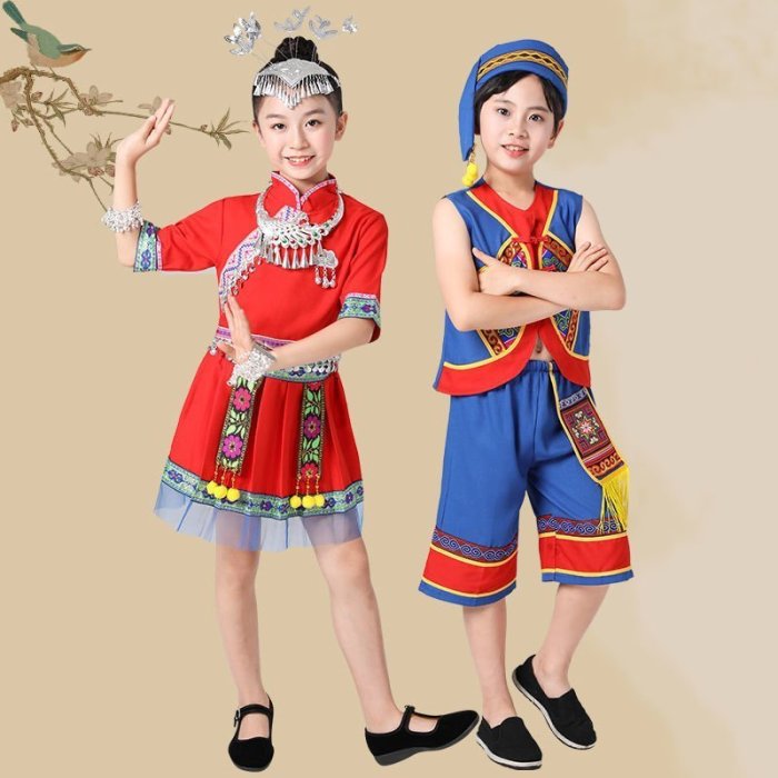 新款兒童民族表演服裝彝族白族壯族苗族竹竿舞火把節舞蹈表演服飾~特價促銷