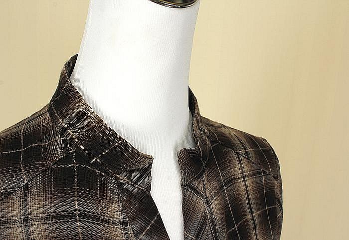 貞新二手衣 GINKOO 俊克 專櫃 咖啡格紋V領長袖棉質洋裝M(36號)(19492)