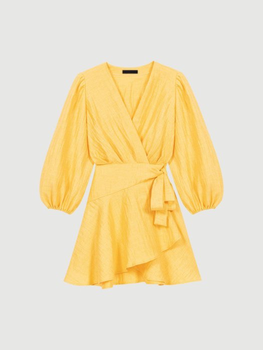 免運#MAJE KURO2023夏季新款法式黃色交叉V領系結亮絲純色連衣裙短裙女