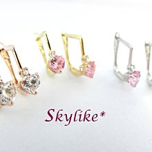 *SKYLIKE*最可愛-韓國進口585/14K黃K金、白K金、玫瑰K金線條風粉色心型鋯石易扣耳環，TO-11924s*