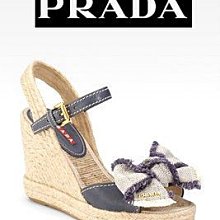 喬瑟芬【PRADA】下殺超低價$11500含運~2011'春夏丹寧牛仔蝴蝶結楔型厚底魚口涼鞋