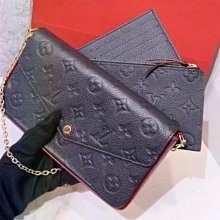 二手旗艦 LOUIS VUITTON LV 深藍色 字紋壓紋 三合一 鍊包 信封包 斜背包(中友店)