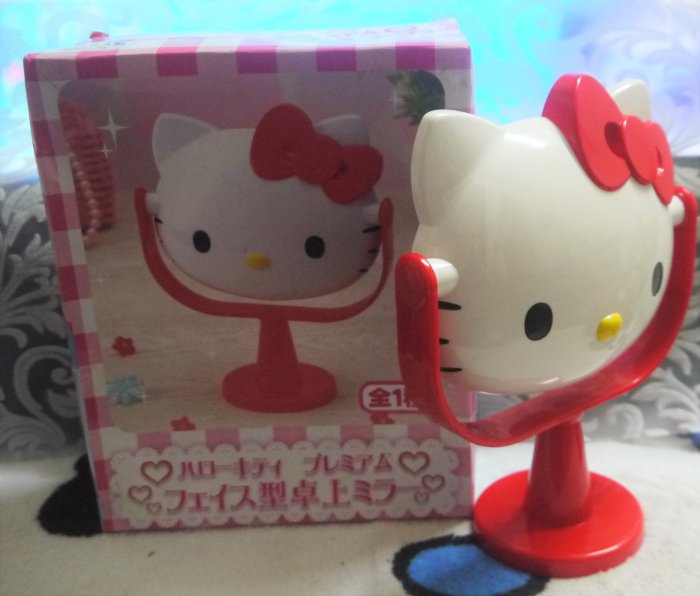 日版﹝Sanrio﹞授權※Hello Kitty凱蒂貓※【Kitty紅色立體頭型造型】桌上立鏡/鏡子