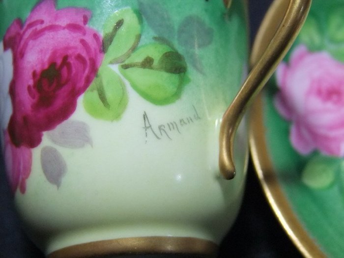 法國 Haviland LIMOGES FRANCE ARmand 手繪玫瑰描金濃縮咖啡杯盤組