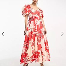 (嫻嫻屋) 英國ASOS-& Other Stories優雅時尚名媛紅色花卉印花V領泡泡袖腰部綁帶長裙洋裝禮服EE23