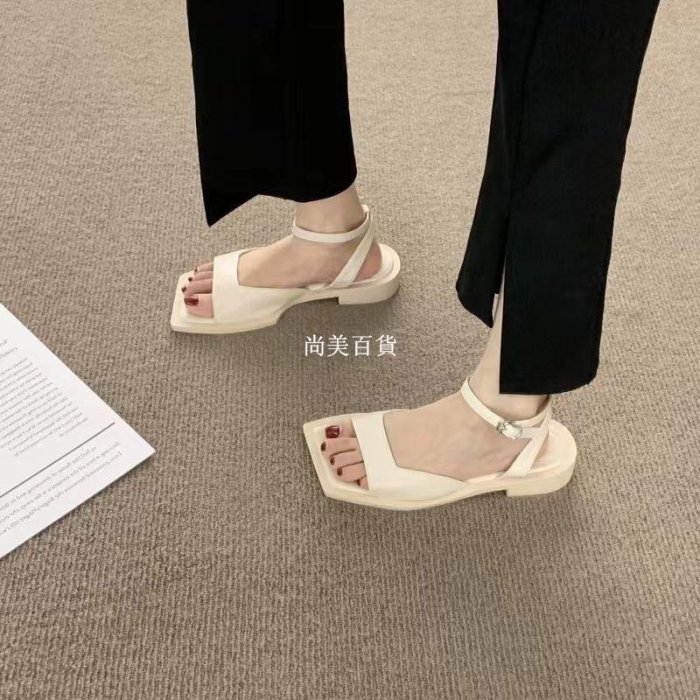 現貨熱銷-【夏季新品】厚底涼鞋女 韓國涼鞋 綁帶涼鞋 法式復古小眾設計感方頭露趾涼鞋女夏一字帶平底羅馬鞋8爆款