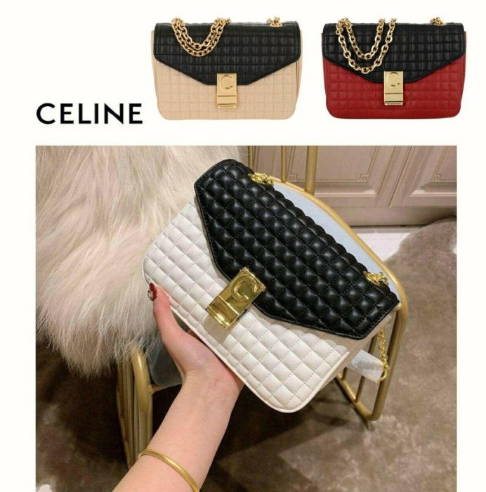 CELINE ► C bag ( size / M ) 撞色 拼色 方菱格紋 真皮 金屬金鍊 小肩背包 斜背包 手拿包 ｜100%全新真品｜  特價！