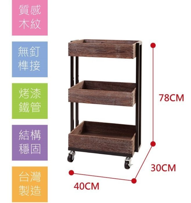 [tidy house]免運 LOFT工業風推車三層收納推車三層推車仿舊實木餐車收納架美容美甲美睫工作車SBN433078WB