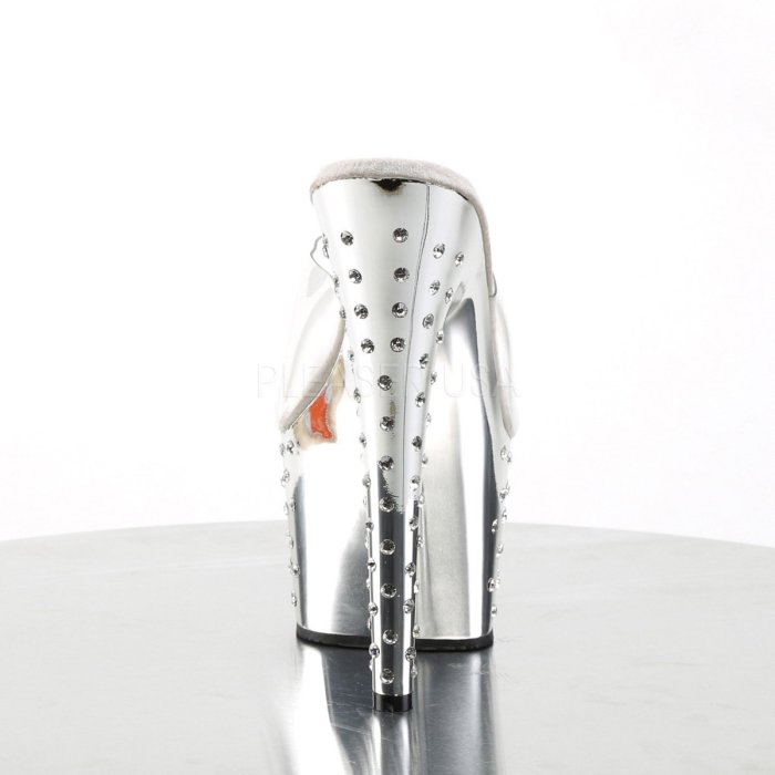 Shoes InStyle《七吋》美國品牌 PLEASER 原廠正品透明水鑚金屬鍍鉻厚底高跟拖鞋 有大尺碼『銀色』