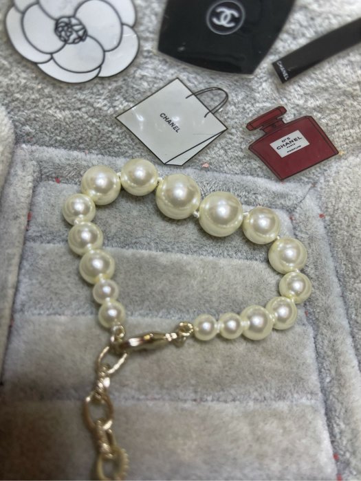 CHANEL 香奈兒 超美 二手 氣質 大小 珍珠 淡金色 水鑽 雙C 造型 手鍊