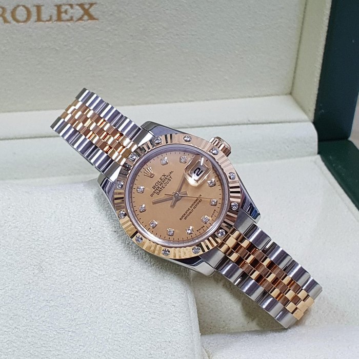 ROLEX 勞力士 179313 蠔式女錶 市場罕見 原裝鑽石太陽圈 金色十鑽貝殼面盤 錶徑26mm 大眾當舖A932