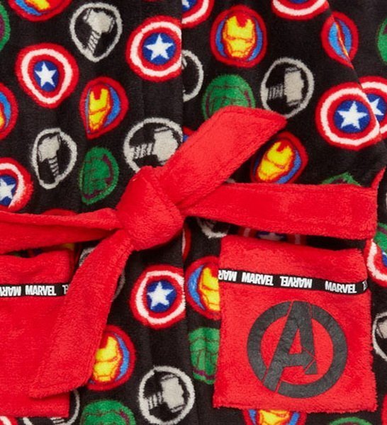出口歐洲Avengers復仇者聯盟黑底彩色LOGO印花款連帽珊瑚絨睡袍(140cm適用)官網同步