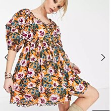 (嫻嫻屋) 英國ASOS-Topshop 優雅時尚名媛花卉印花鏤空邊圓領泡泡袖鈕釦裙洋裝EH23