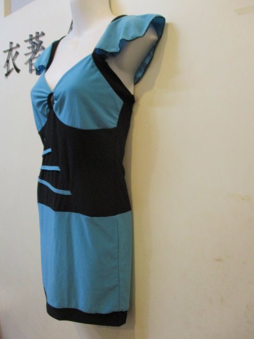 藍黑色性感V領連衣裙修身顯瘦包臀短裙