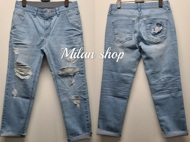 ☆Milan Shop網路最低價 正韓Korea推薦款Rewind精緻刺繡鯨魚彈性腰淺藍九分褲S-L$999(特價)