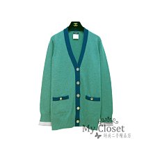 My Closet 二手名牌 Chanel 2015 綠色鑲藍邊100%Cashmere 銀雙C釦 雙口袋 長版針織外套