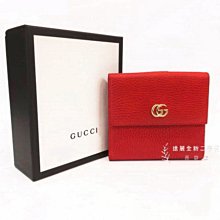 高雄店 遠麗全新二手名牌館~K6209 Gucci 紅色牛皮雙G金釦10卡三折零錢短夾