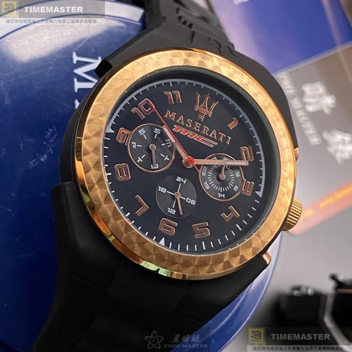 MASERATI手錶,編號R8851115008,44mm玫瑰金圓形橡膠錶殼,黑色三眼, 運動錶面,深黑色矽膠錶帶款