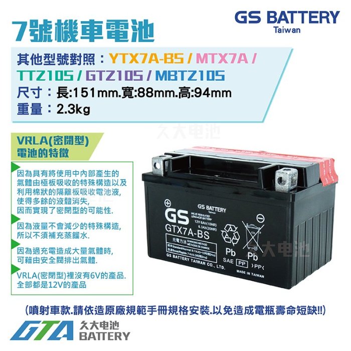 ✚久大電池❚GS 機車電瓶 7號機車電池 GTX7A-BS = YTX7A-BS湯淺機車電池