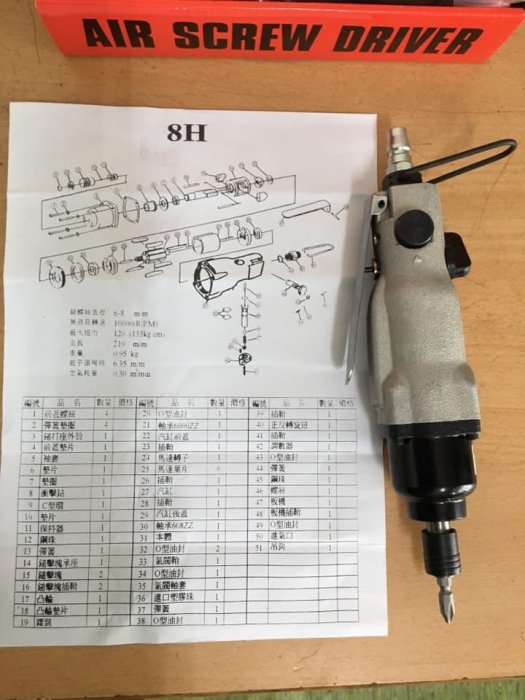 【台製氣動工具】 工業級8H直型氣動螺絲起子 雙鎚結構 ,快速頭結構,三檔調整扭力 (100%台製品) 促銷價