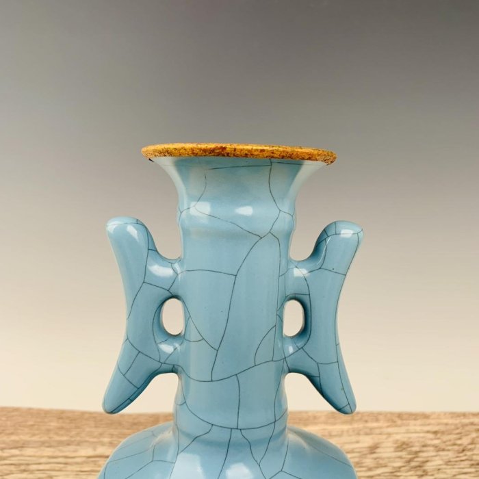 古瓷器 古董瓷器 宋官窯包金口刻詩花瓶高23公分直徑12公分編號2009260150-32949