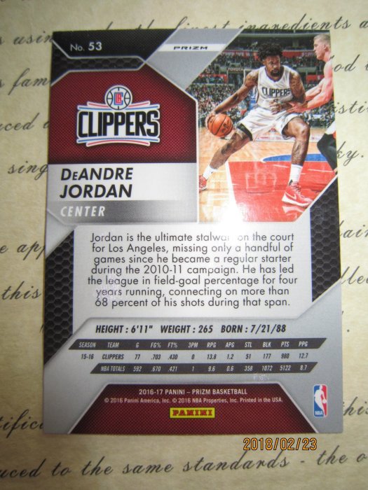 新賣家~16/17~Deandre Jordan~PRIZM~銀亮~REF~沒限量~6 1元起標