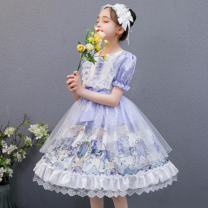 正版女童洛麗塔裙子全套夏裝小女孩兒童洋裝公主裙蘿莉塔連衣裙
