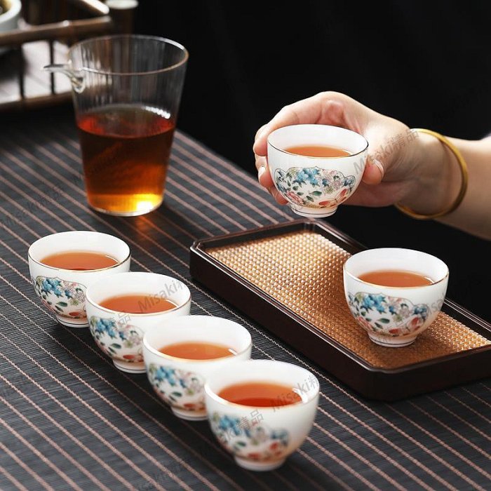 羊脂玉瓷功夫茶杯描金仿手繪品茗杯家用主人杯茶具單杯中式小清新-Misaki精品