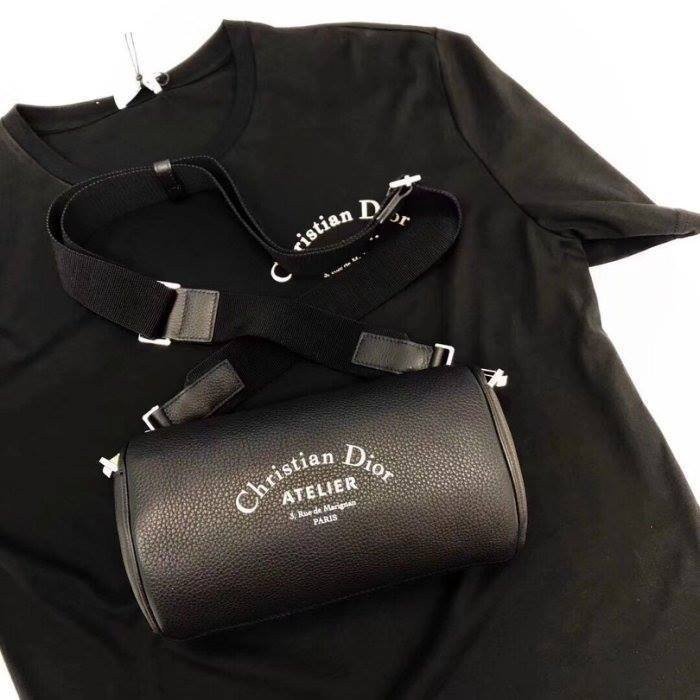 【翰貝格名牌館】二手真品 Dior Atelier roller bag 黑色 牛皮 荔枝紋 白字 圓筒包 斜背包