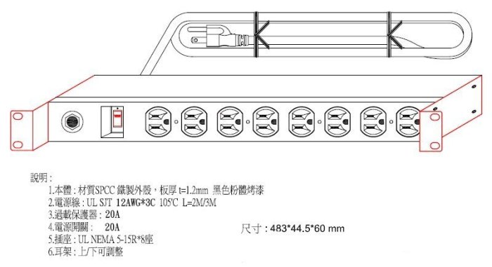 【六絃樂器】全新 Sunbox SPU-2012-08S 機櫃排插 電源分配 / 8孔20安培PDU 附開關