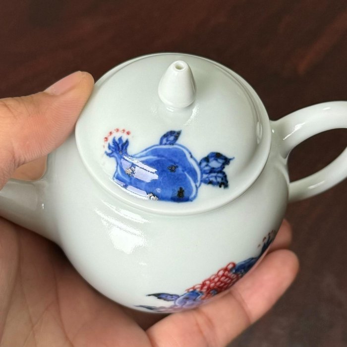 【二手】查窯青花釉里紅石榴茶壺 瓷器 景德鎮 茶具【留香阁】-1767