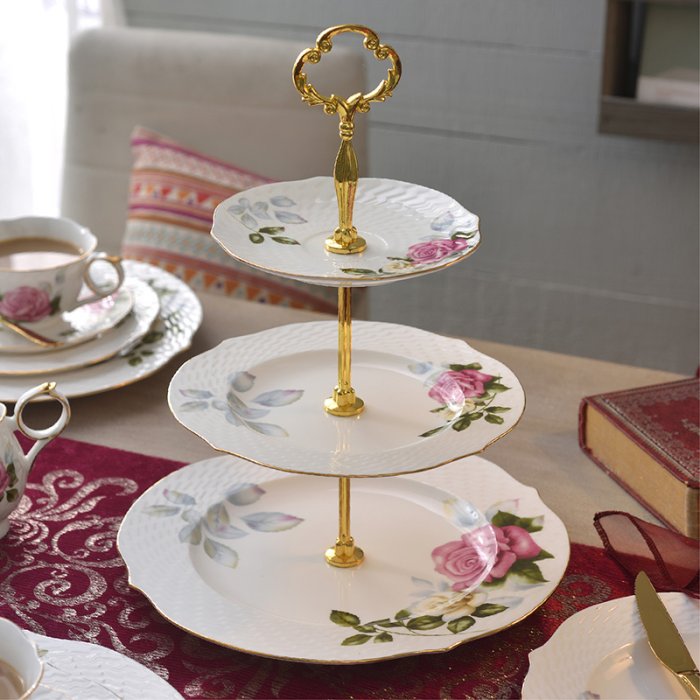 高檔骨瓷歐式玫瑰蛋糕架子下午茶點心盤三層客廳家用糕點水果盤-雙喜生活館